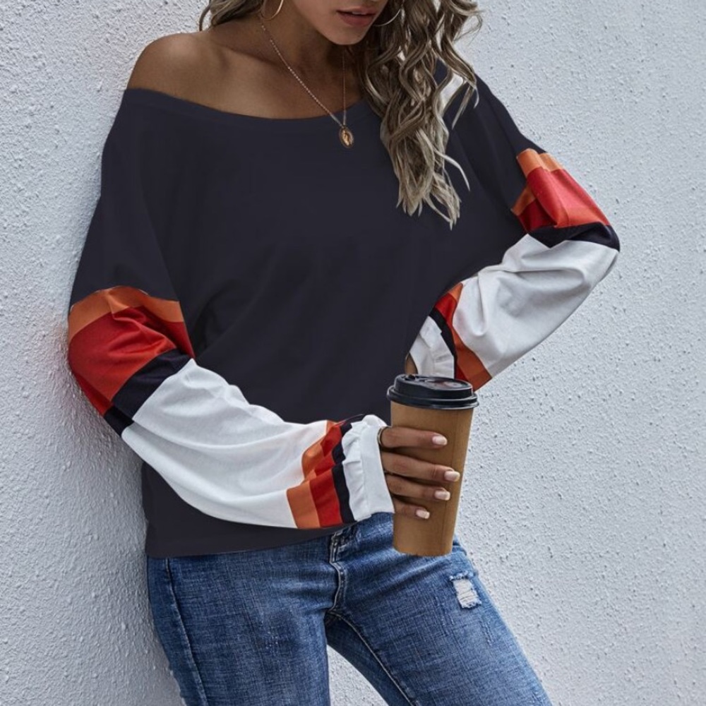 Oblique Shoulder Color-Block Sleeve Tee